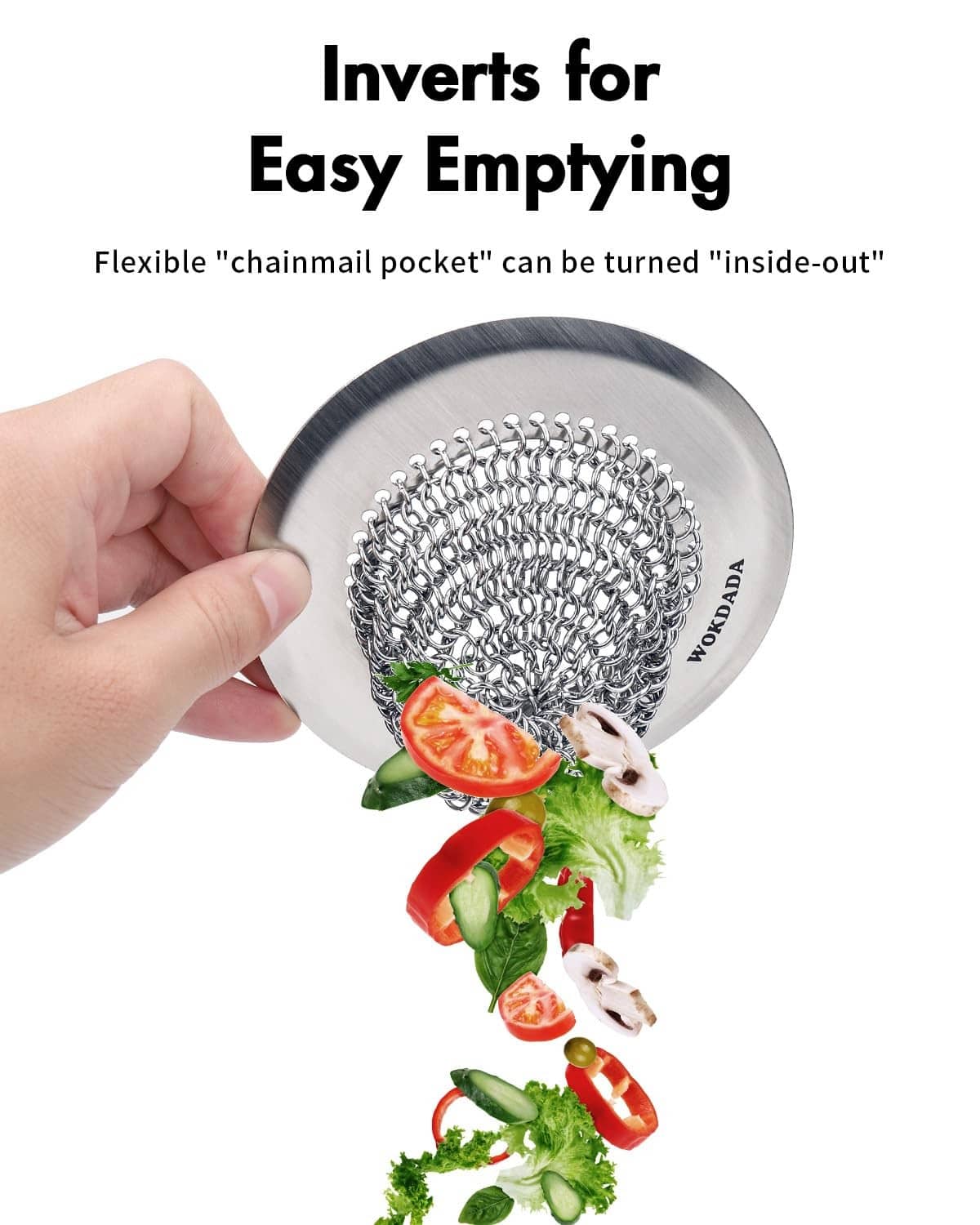 Stainless steel drain strainer with chain-mesh basket holding food scraps