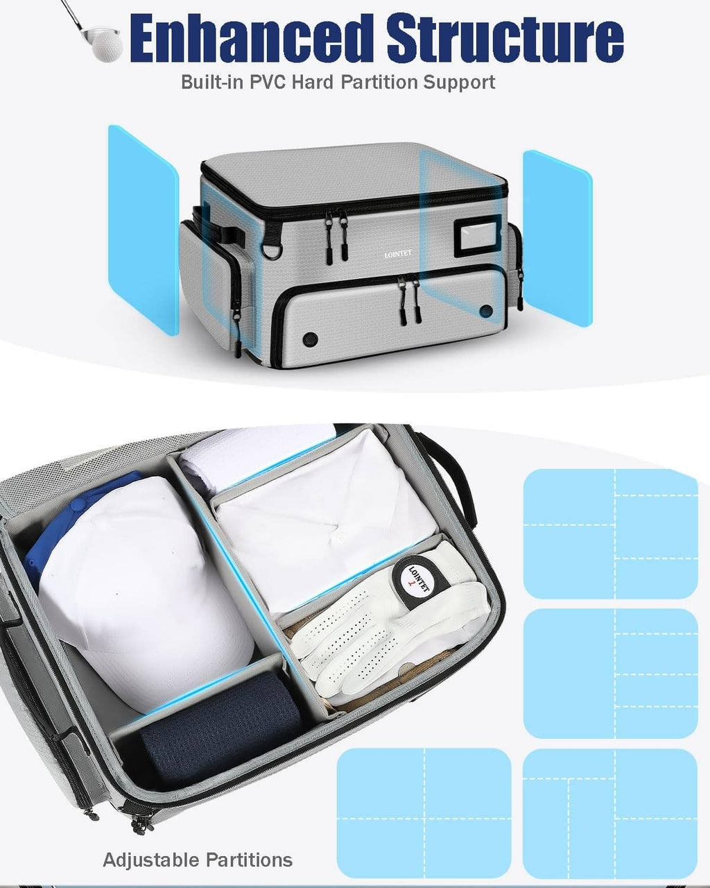 Gray golf trunk organizer with built-in PVC partition support and open main compartment