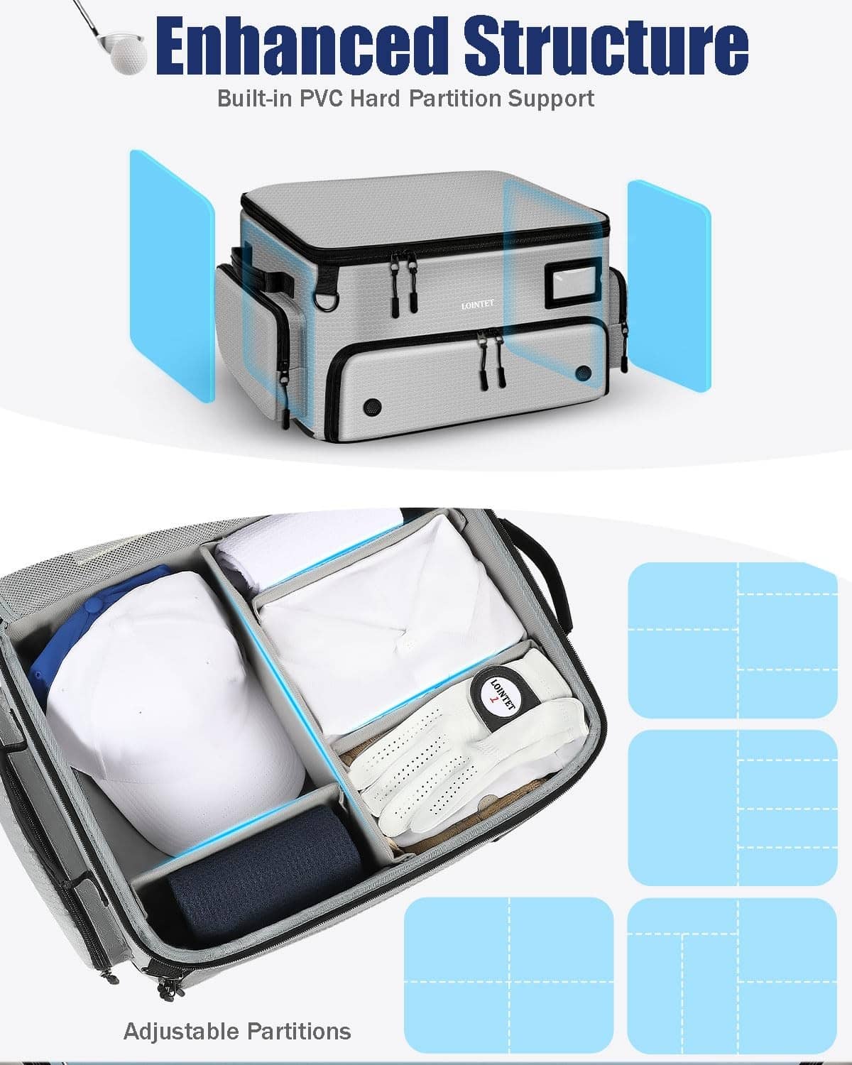 Gray golf trunk organizer with built-in PVC partition support and open main compartment