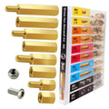 Gold M3 hex brass standoff set with male studs, female inserts, and matching nuts
