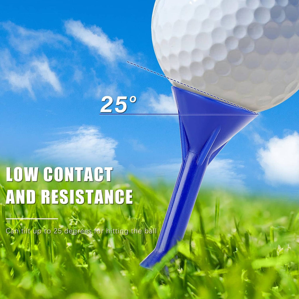 Blue plastic golf tee standing in sand with a white golf ball above it