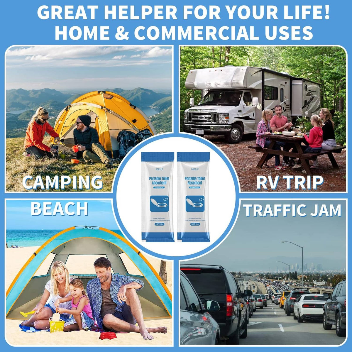 Portable toilet waste gel packets for camping, RV trips, and traffic jams