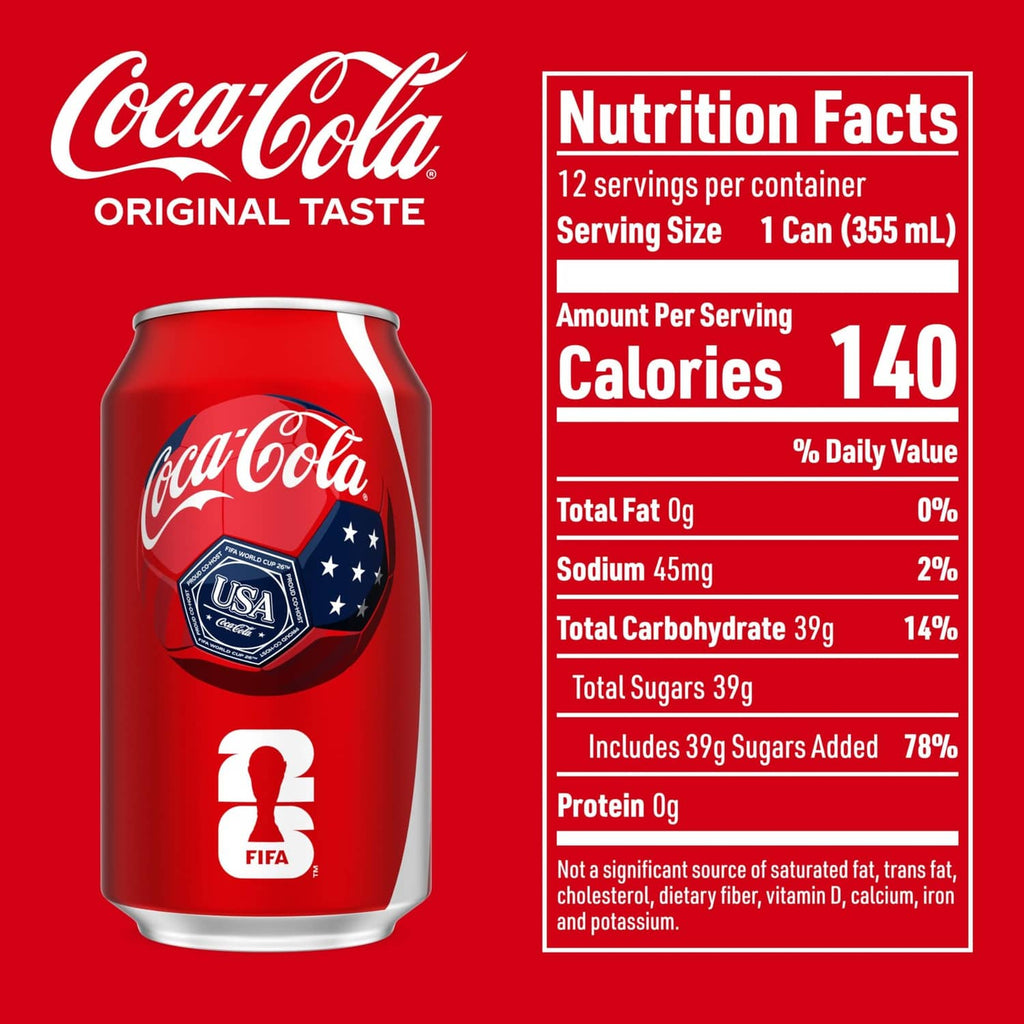 Coca-Cola Original Taste nutrition facts panel with 12 oz soda can