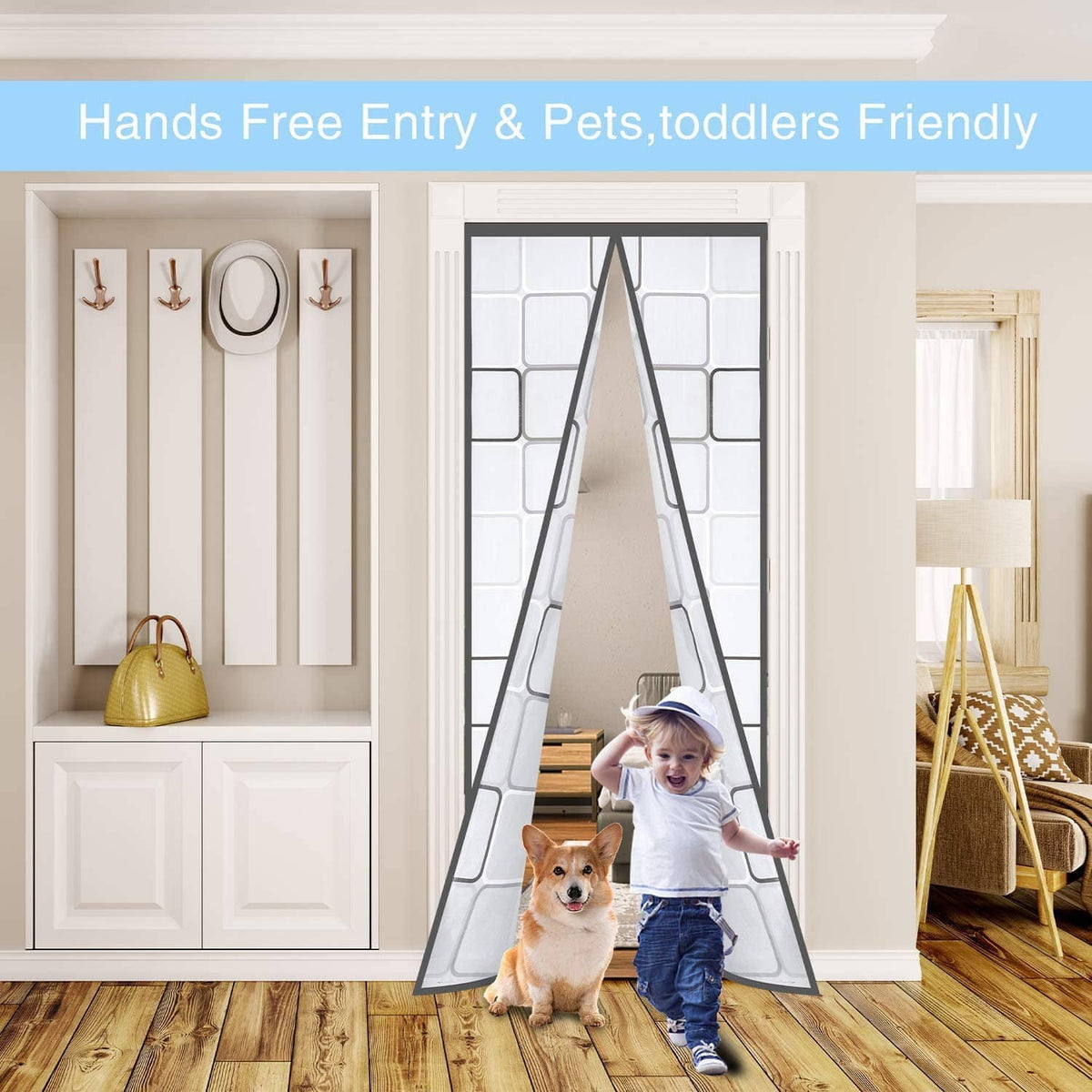 Magnetic insulated door curtain on door opening, white mesh panel with gray border
