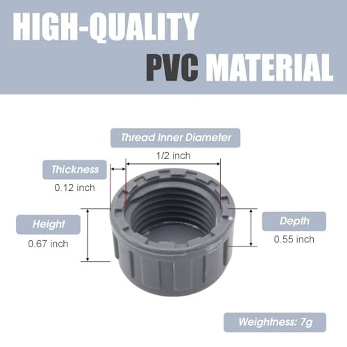 Grey PVC female thread cap plug showing internal threads