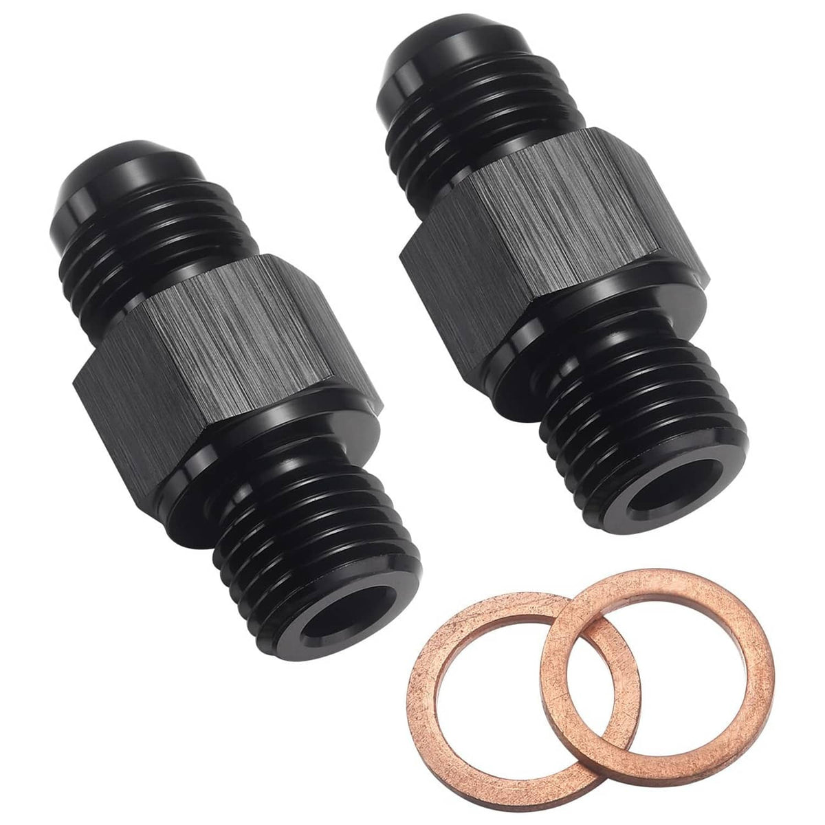 Black 6AN male to 1/4 NPSM adapter fittings with copper sealing washers