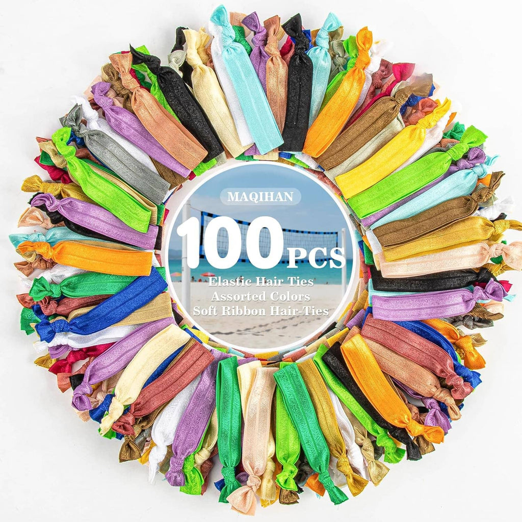 Multicolor knotted ribbon hair-tie set with elastic loops in a circular pack