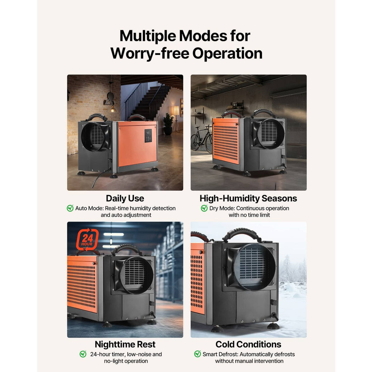 Commercial dehumidifier in multiple modes, showing orange and black unit design