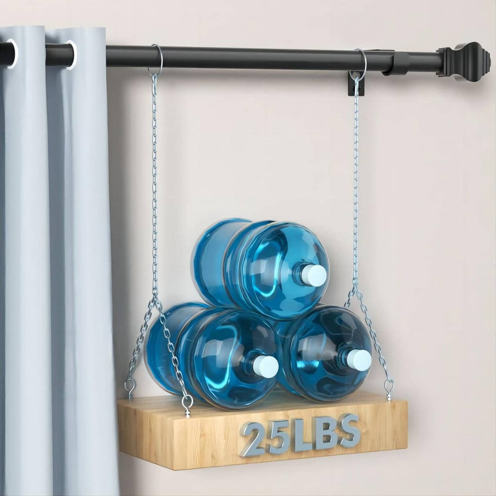 Matte black curtain rod with end brackets holding weight on hanging chains