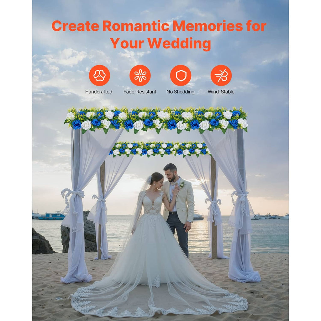 Blue and white artificial flower garland for wedding arch backdrop with roses and greenery