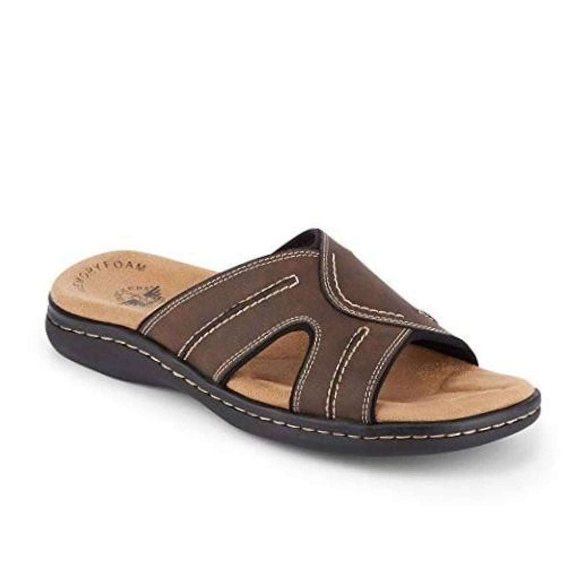 Dark brown men's slide sandals with two strap uppers and cushioned footbed