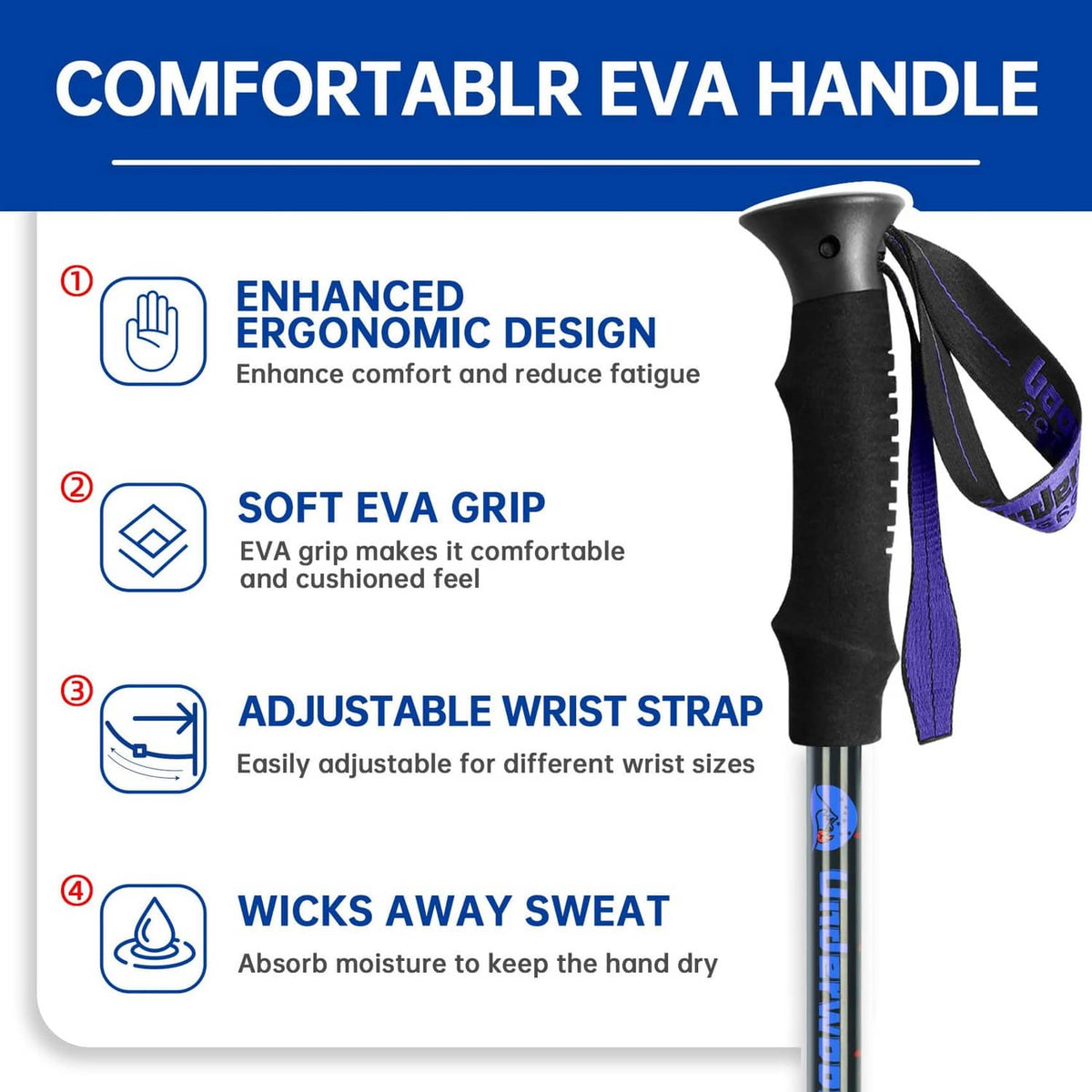 Black trekking pole handle with EVA grip and adjustable wrist strap