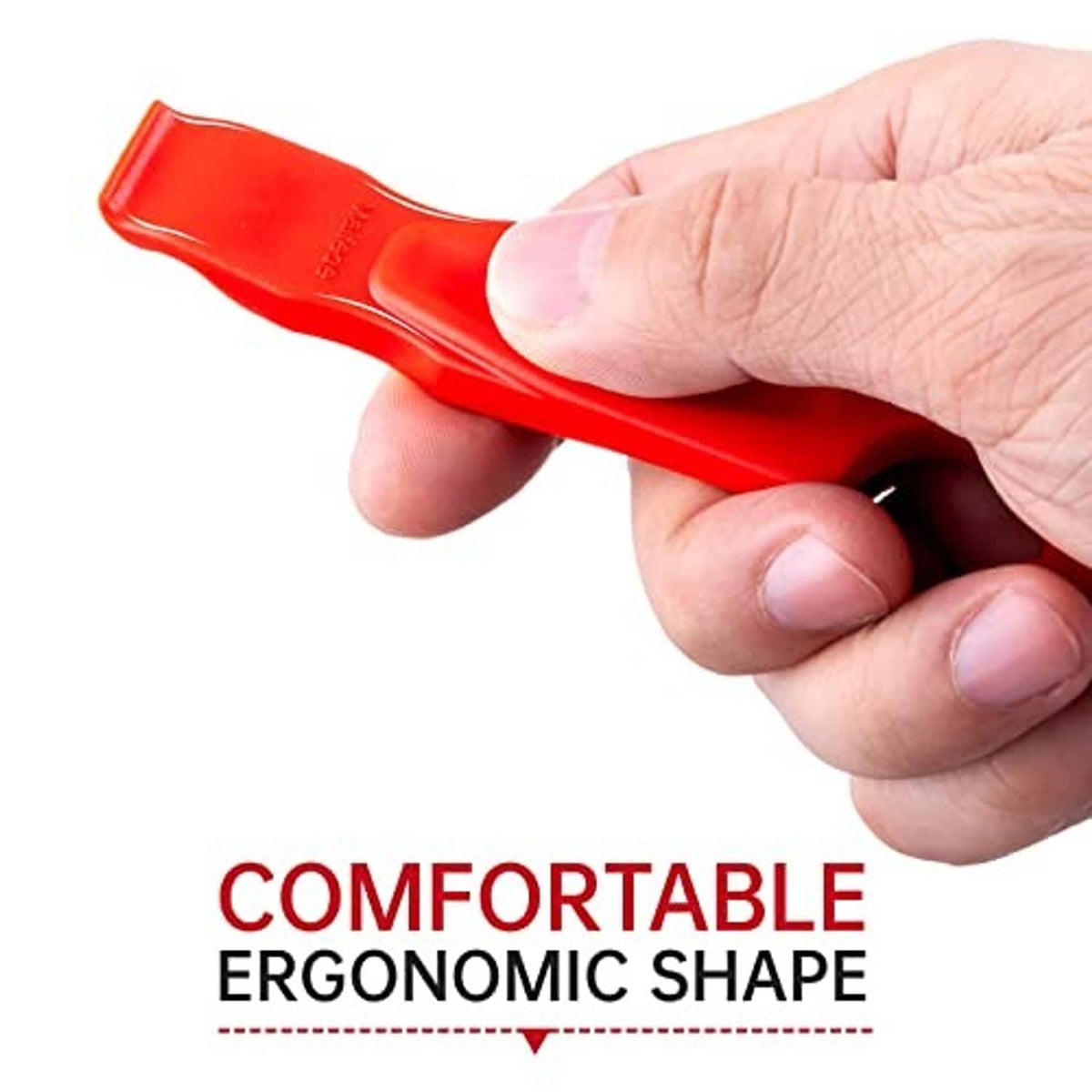 Red bicycle tire lever held in hand with ergonomic contoured handle