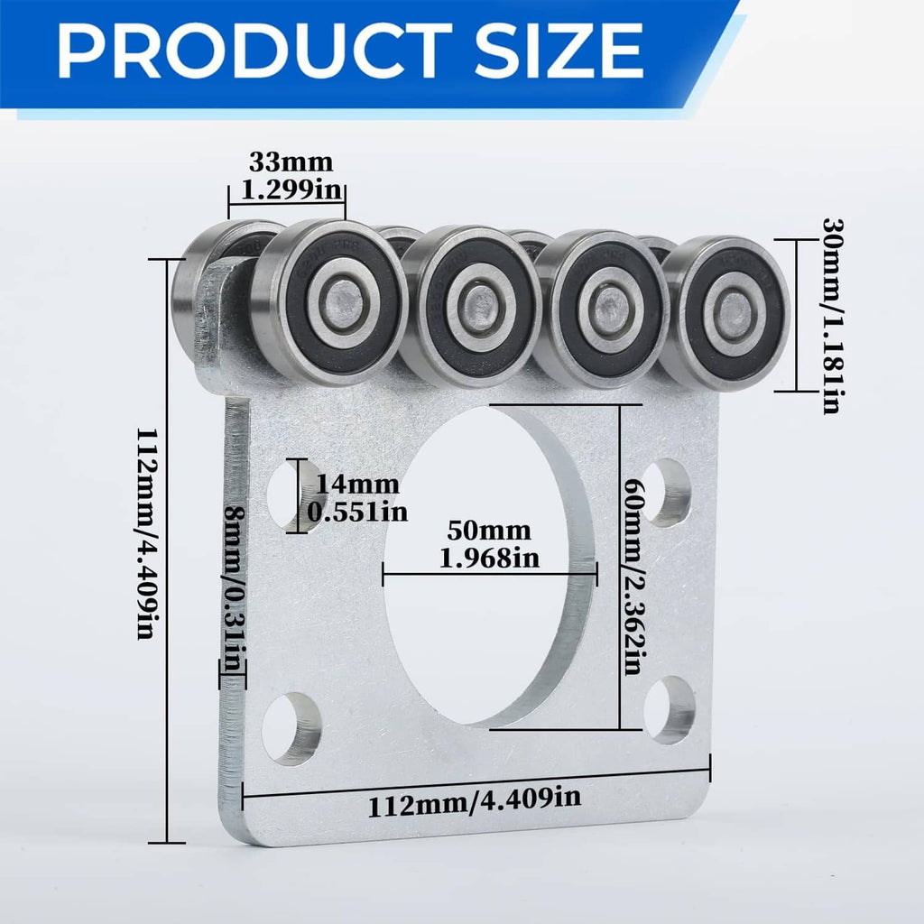 Steel trolley roller bearing assembly with four inline bearings on a mounting plate