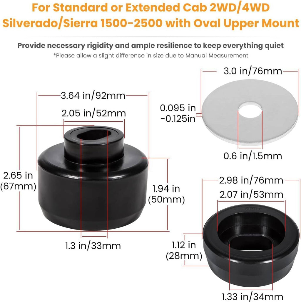 Black body mount bushing with gray washers shown with size dimensions