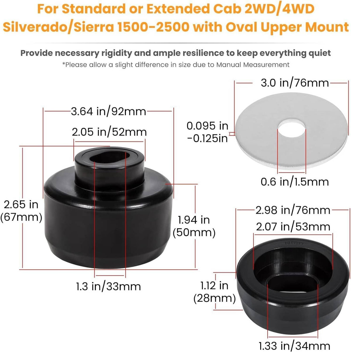 Black body mount bushing with gray washers shown with size dimensions
