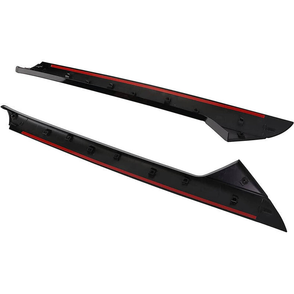 Windshield outer trim pillar molding pair, black plastic with red stripe