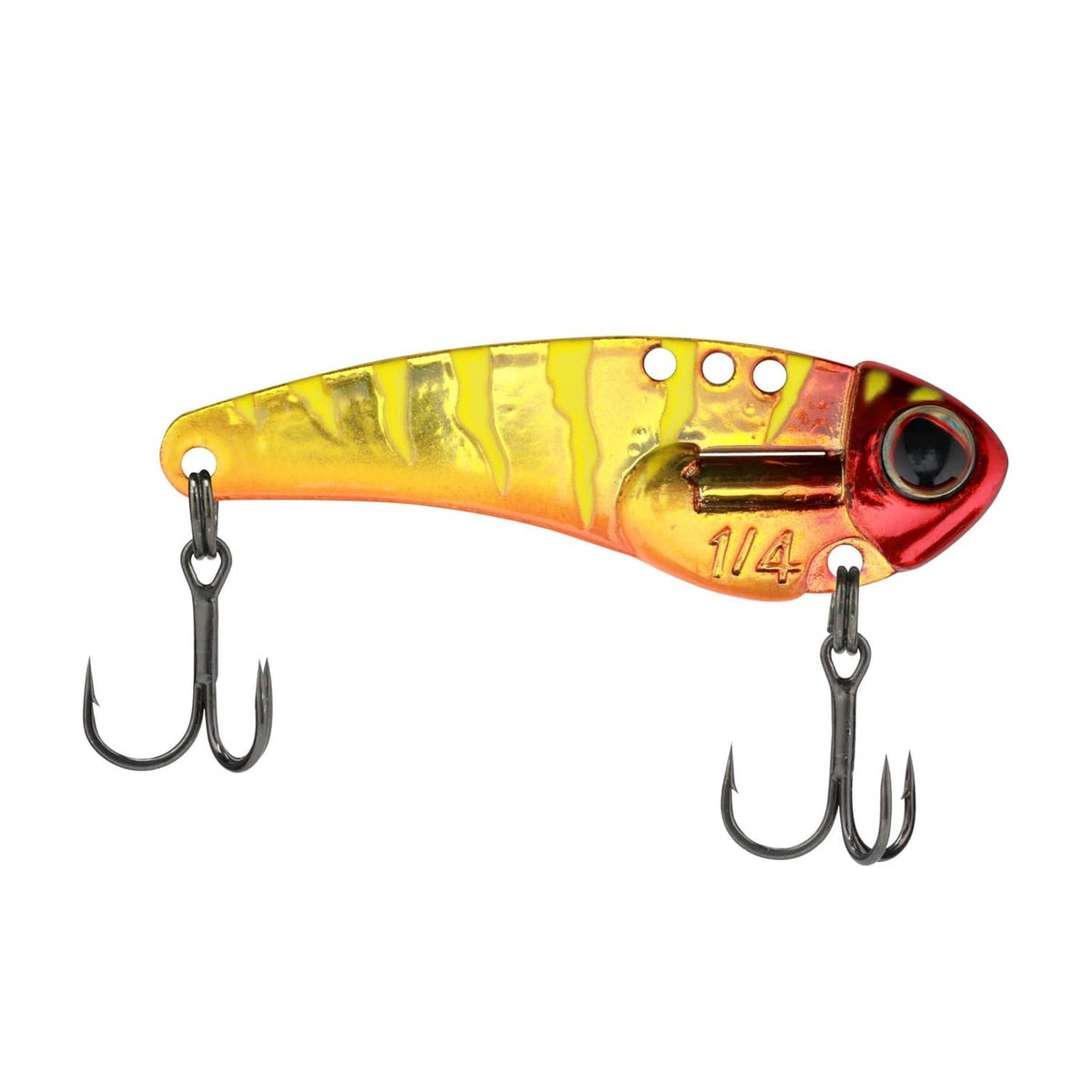 Gold and orange blade fishing lure with red face and two treble hooks