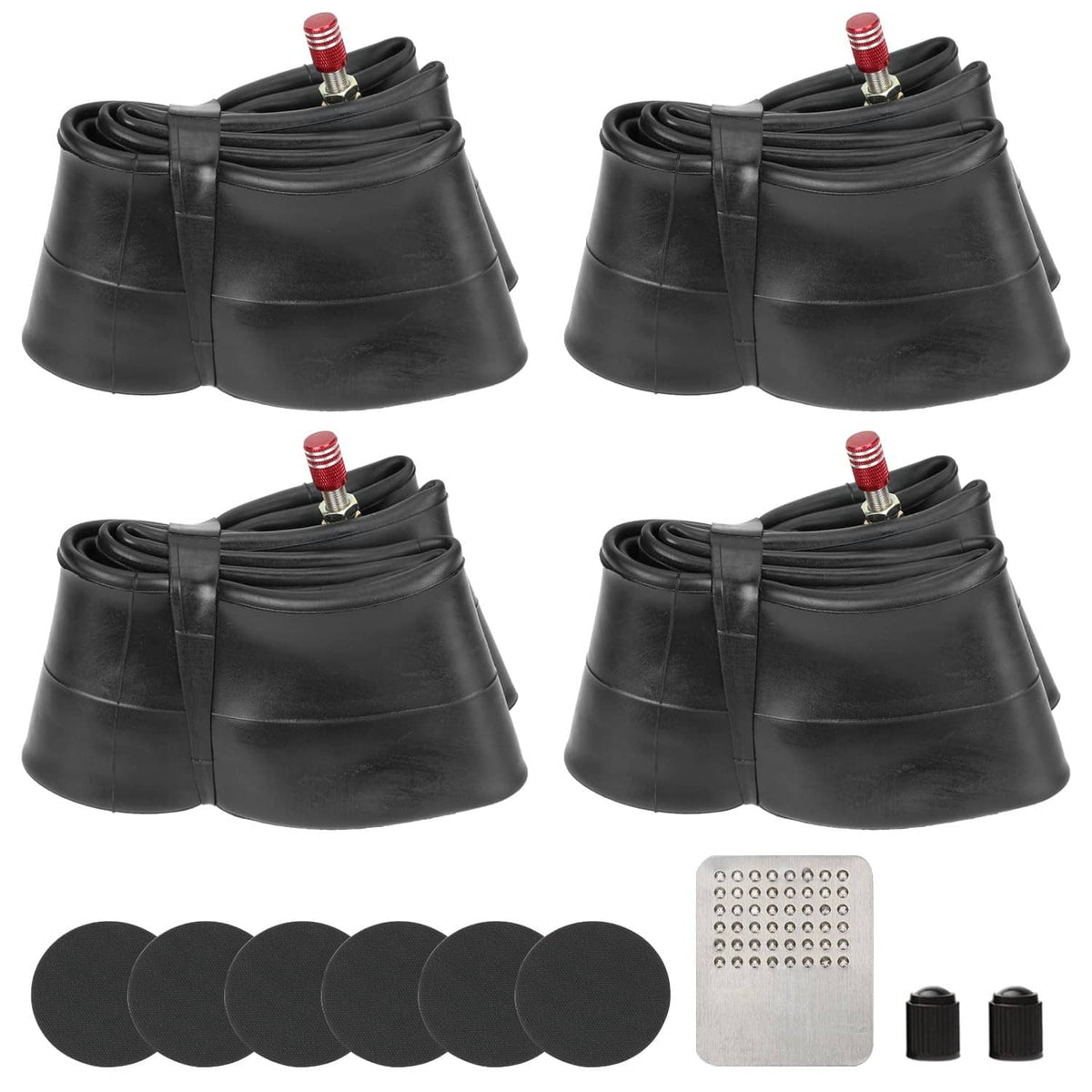 Four black dirt bike inner tubes with red valve caps, round patches, and spare caps