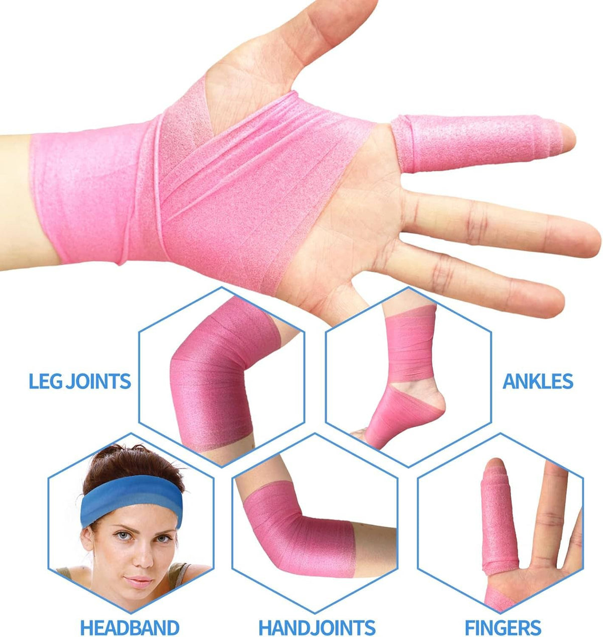 Pink foam pre-wrap applied to an arm and hand, flexible wrap