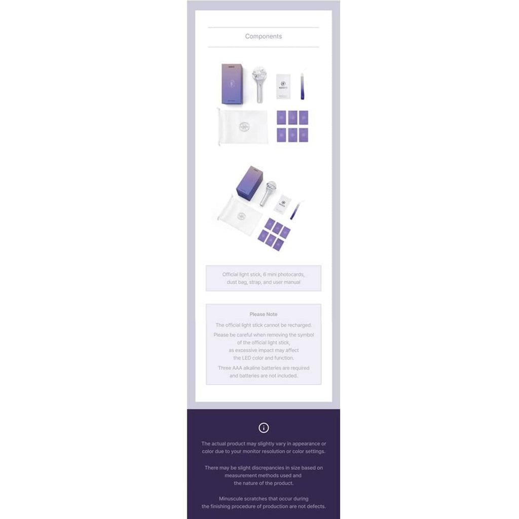 Light stick components diagram with box, white light stick, and color samples