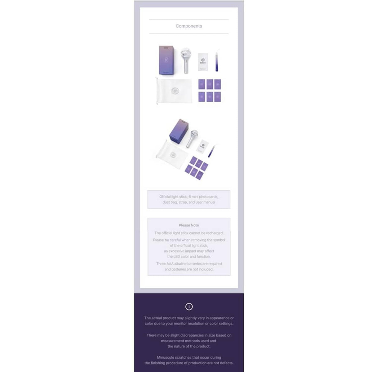 Light stick components diagram with box, white light stick, and color samples