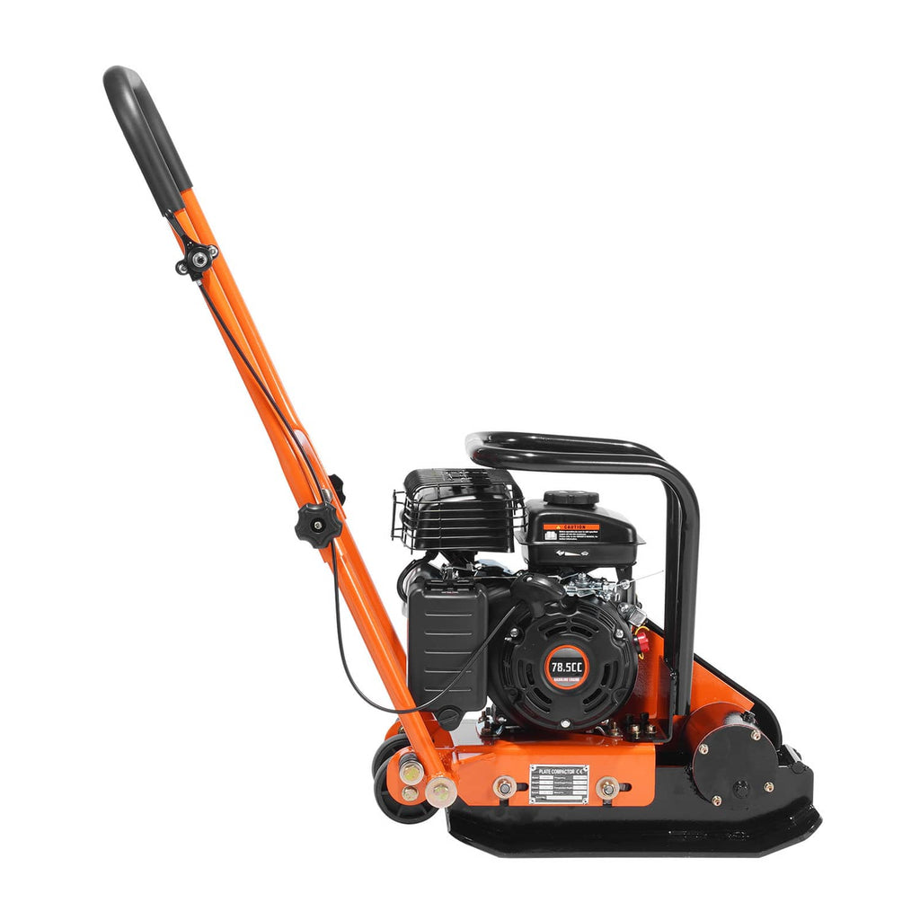 Three-quarter view of orange plate compactor with engine cage and front plate
