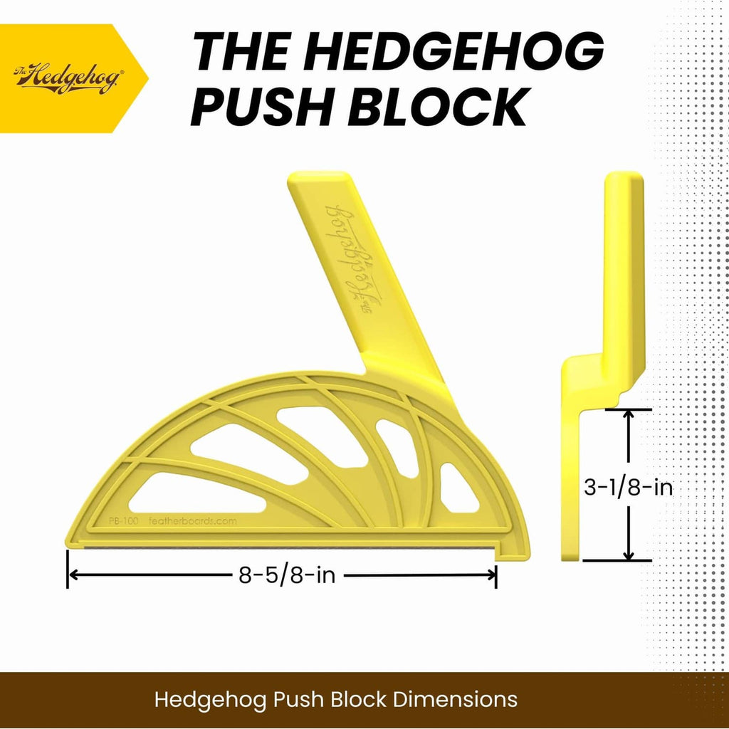 Yellow hedge-style push block tool with triangular guard and vertical handle