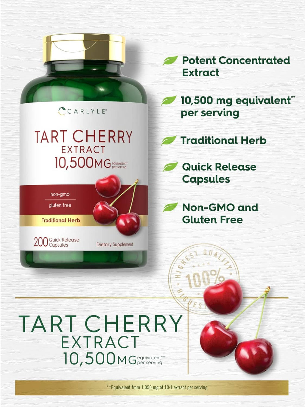 Carlyle tart cherry extract 10,500mg capsules bottle with ingredient and release callouts