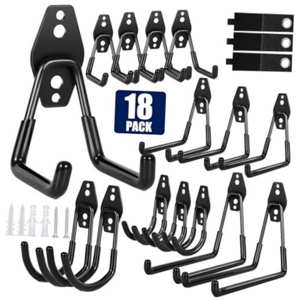 Set of black garage storage hooks with anti-slip U-shaped arms, 18-pack layout