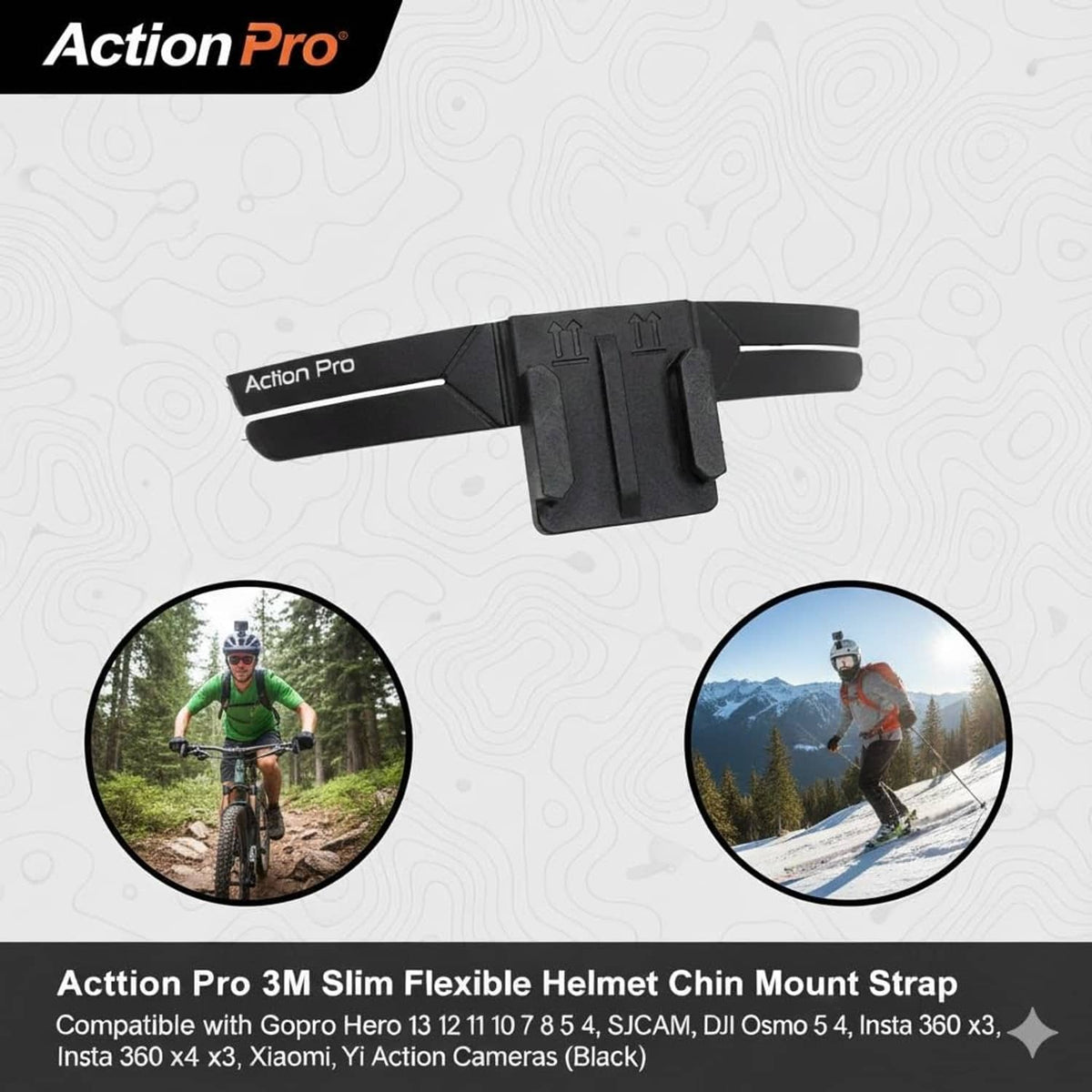 Action Pro black slim flexible helmet chin mount strap device, product view