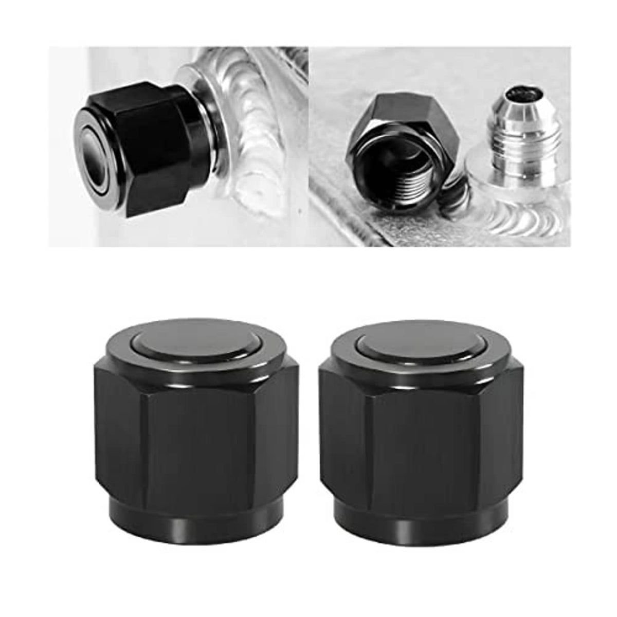 Set of two black 10AN block-off cap plugs with hex heads and top caps