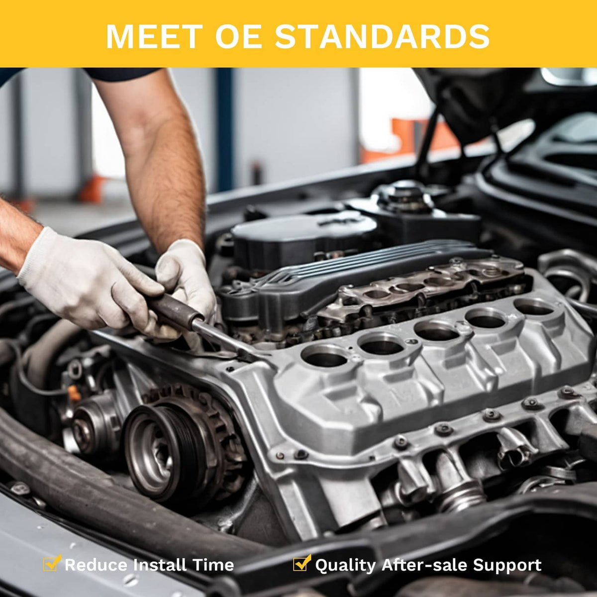 Mechanic hands using a tool in the engine bay during grille shutter installation