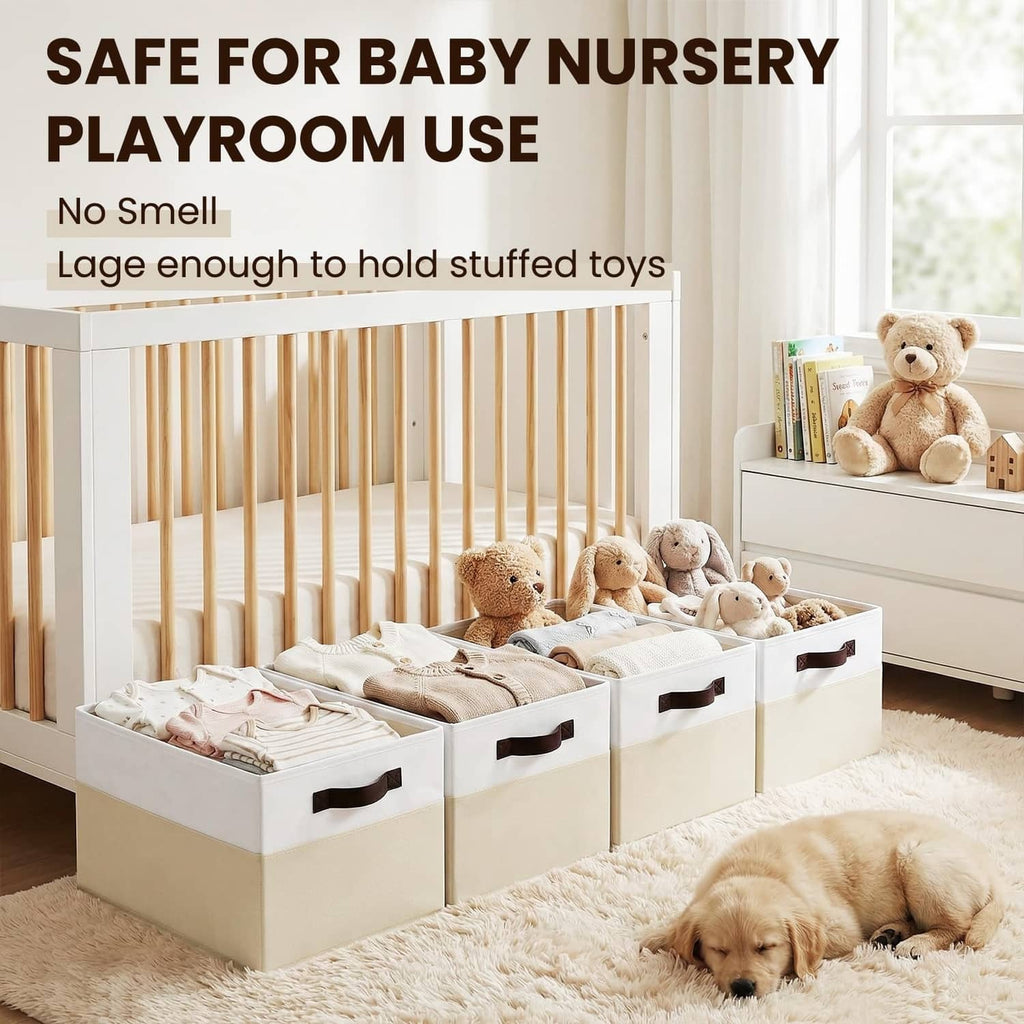 Rectangular storage bins with black handles filled with stuffed toys for nursery playroom