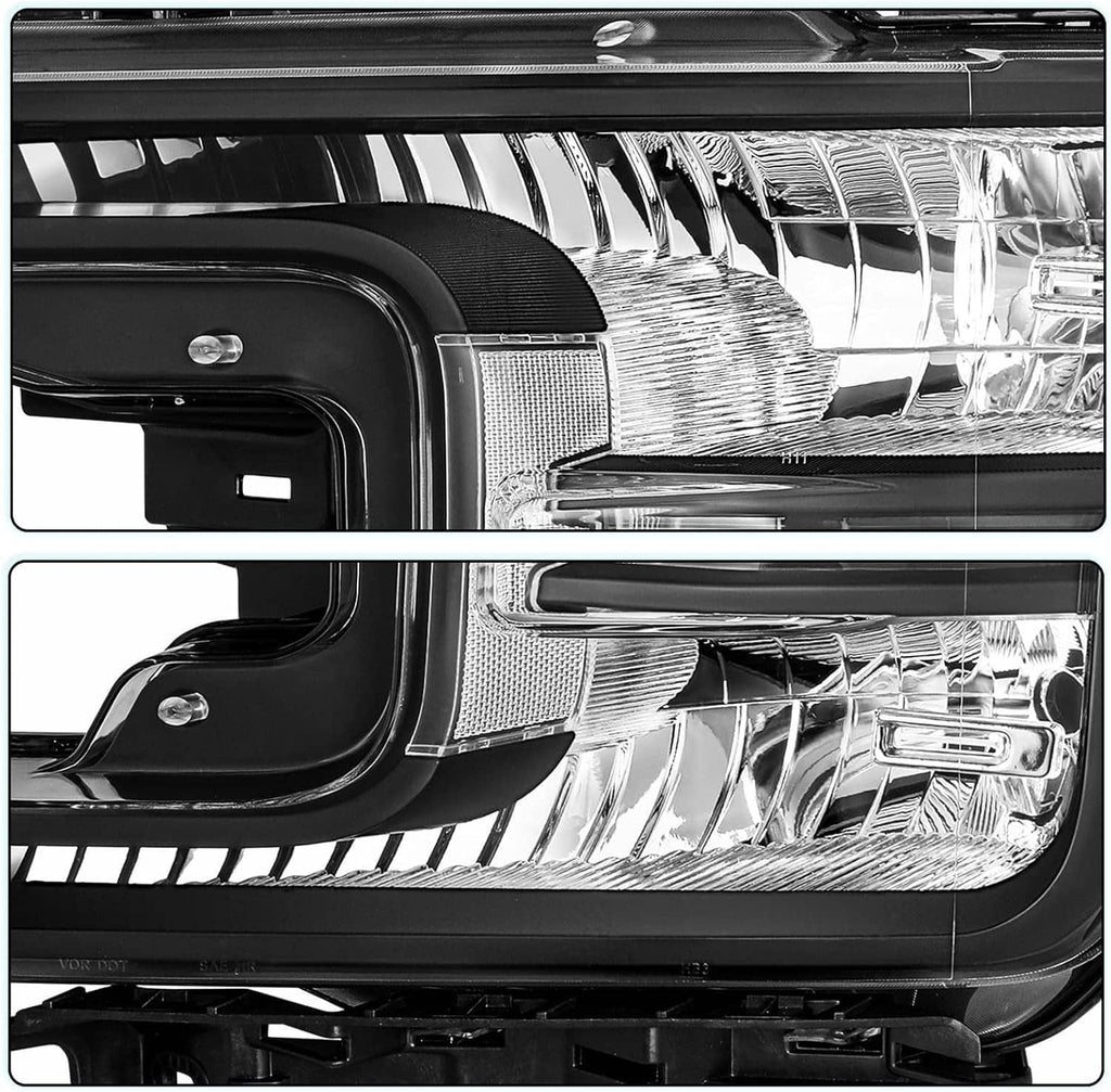 Close-up of clear headlamp reflector with amber corner lens in black housing