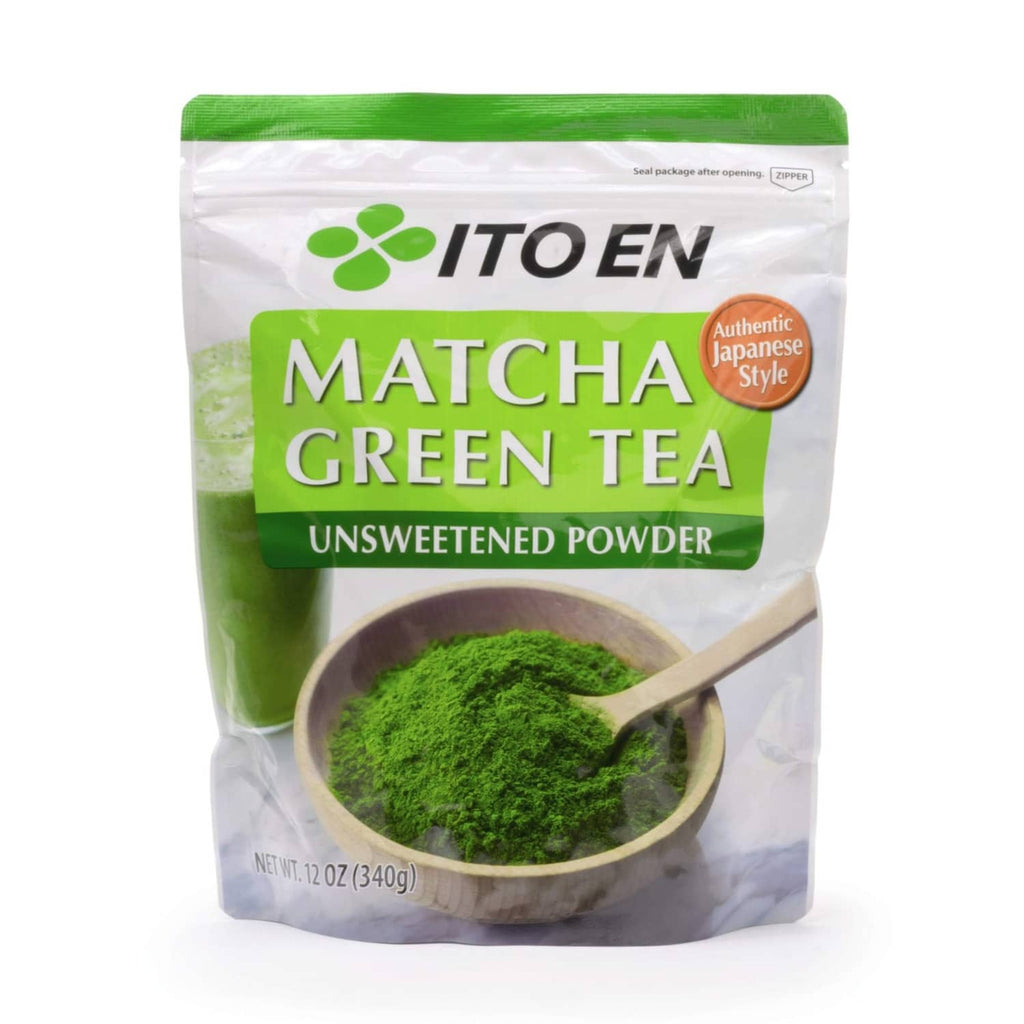 Ito En matcha green tea unsweetened powder pouch with scoop graphic