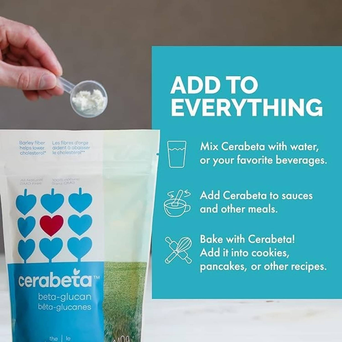 Hand holding spoonful of powder next to cerabeta beta-glucan supplement pouch