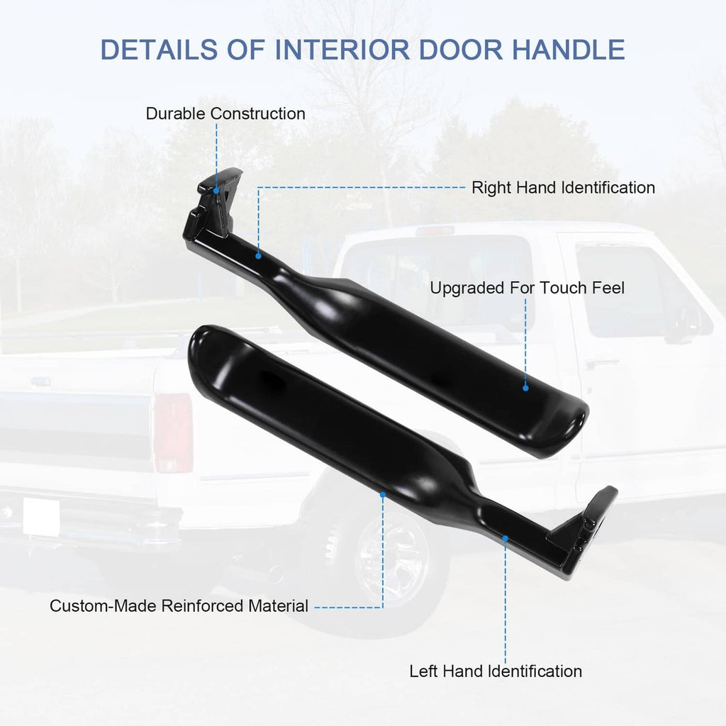 Two black interior door handles, left and right, with curved ergonomic lever