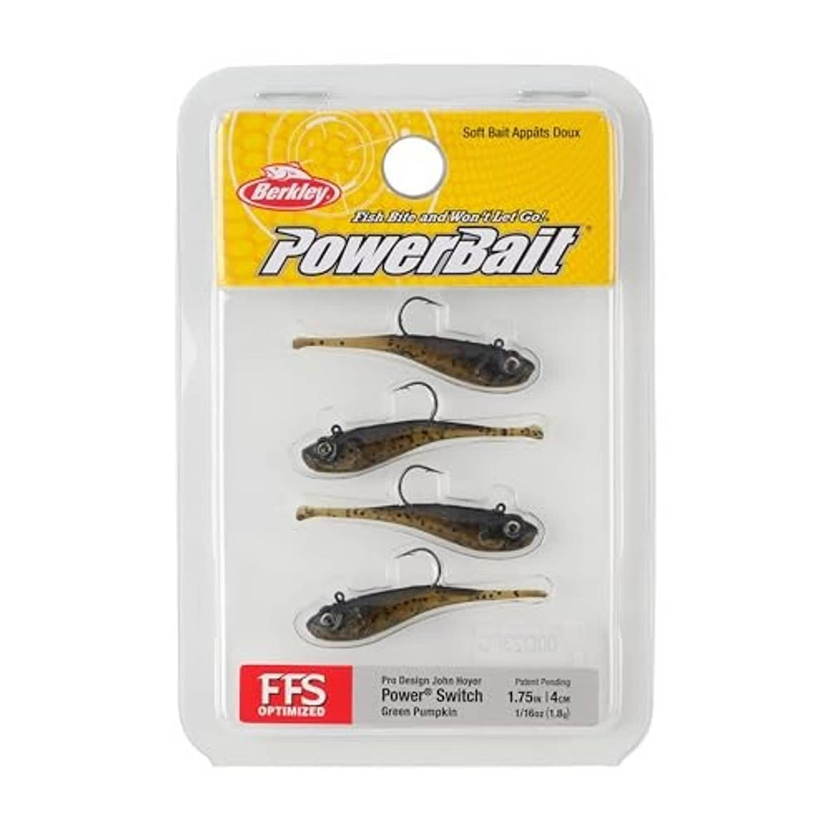 Berkley Powerbait Power Switch soft plastic baits pack with four Green Pumpkin lures