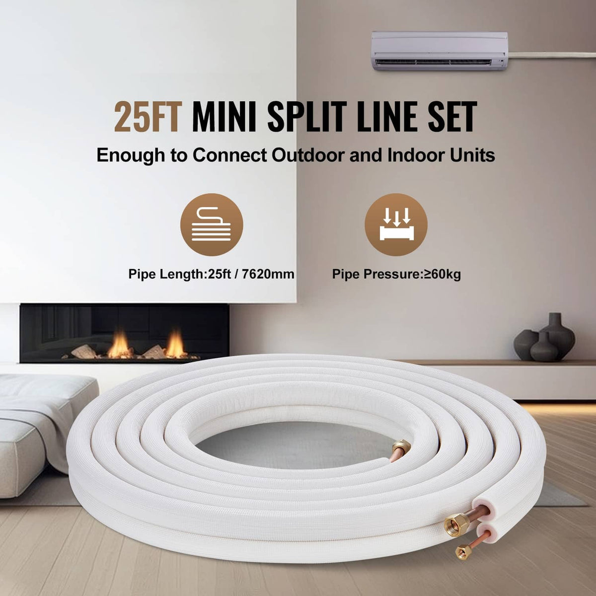 25 ft mini split line set: coiled white insulated tubing with copper connectors