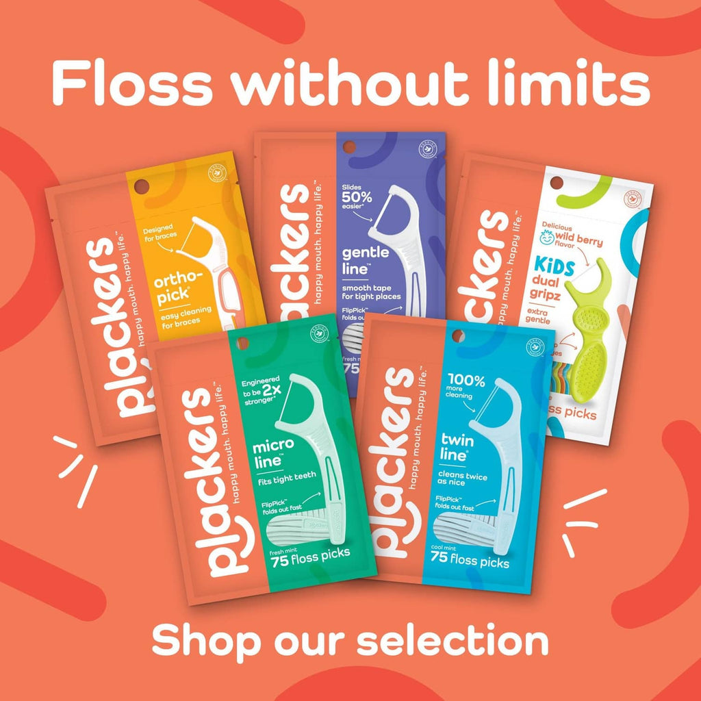 Assorted Plackers floss pick packs for braces, mix of colored pouches