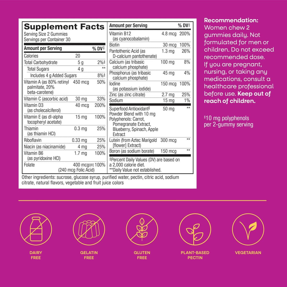 Supplement Facts panel for multivitamin gummies with nutrient table and dairy-free icon