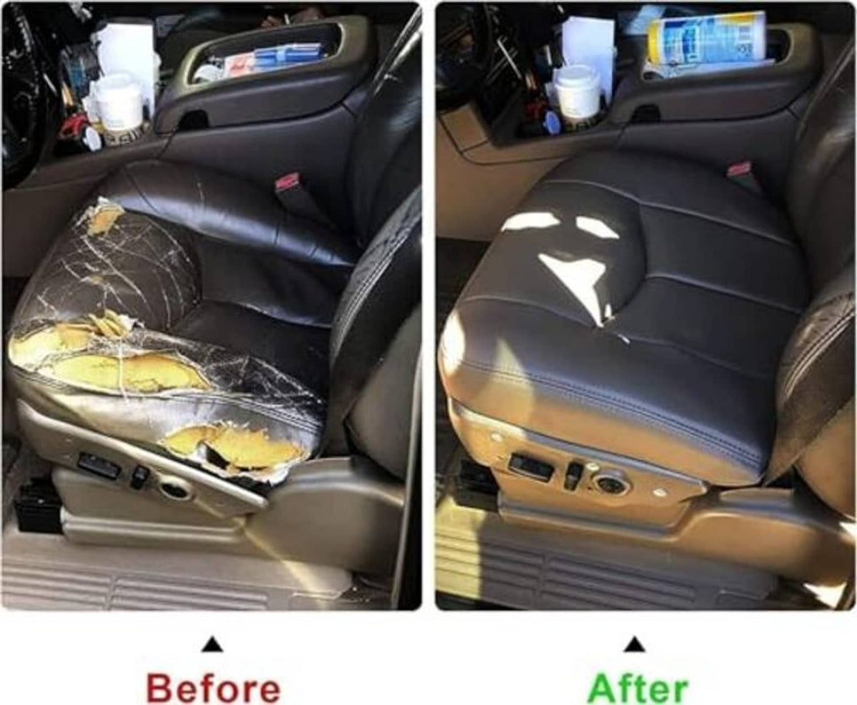 Dark leather seat cushion with stitched panels, showing before-and-after condition