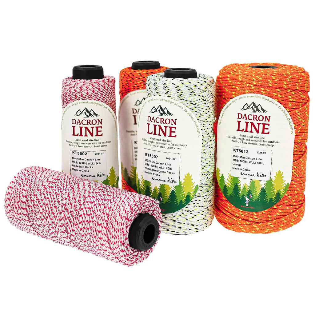 Set of Dacron kite line spools in red-white, white-green, and orange braided colors.