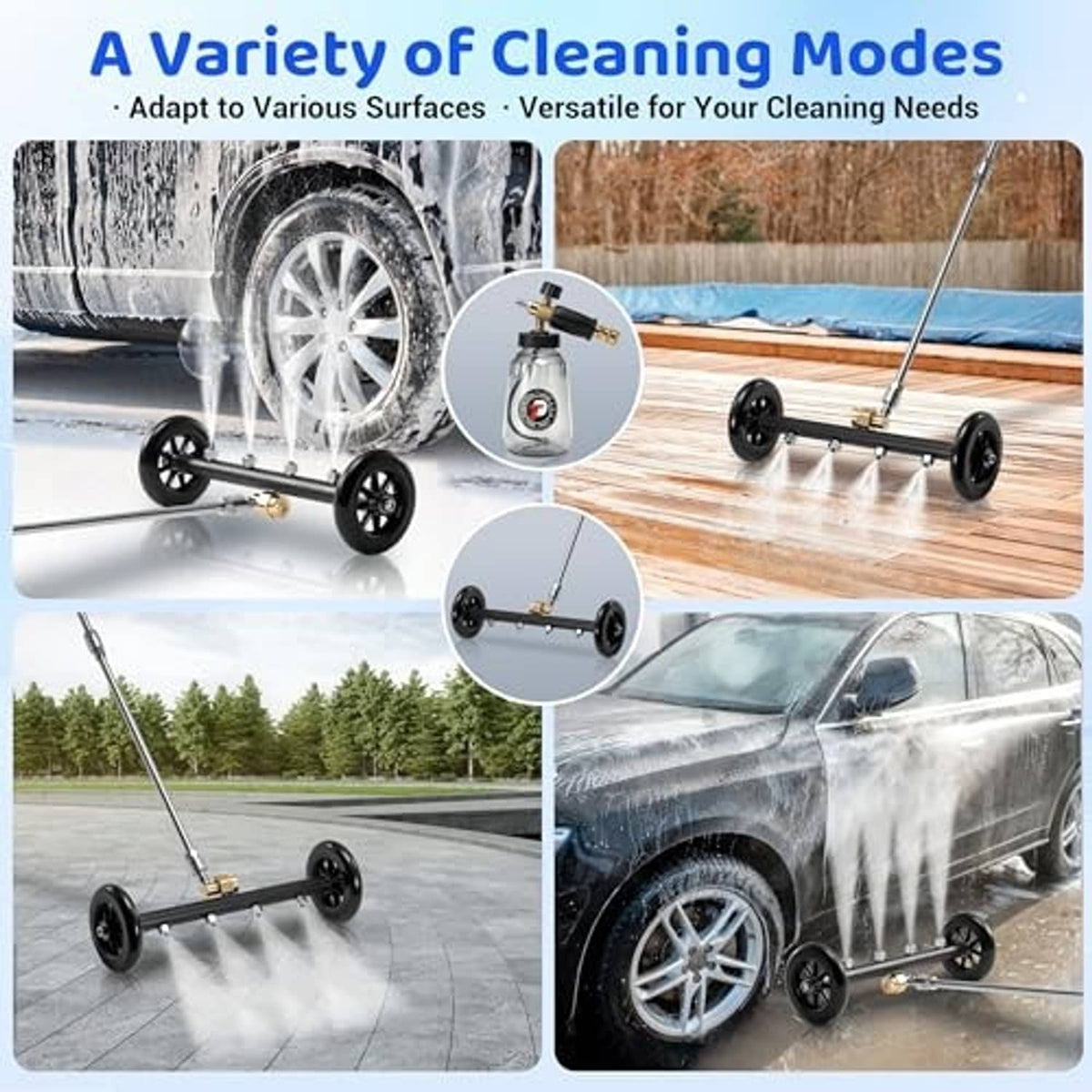 Wheeled undercarriage pressure washer attachment with foam cannon for multiple vehicle surfaces