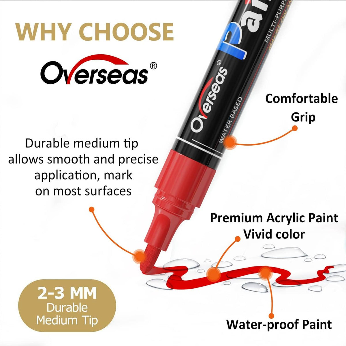 Overseas acrylic paint marker with comfortable grip and medium tip