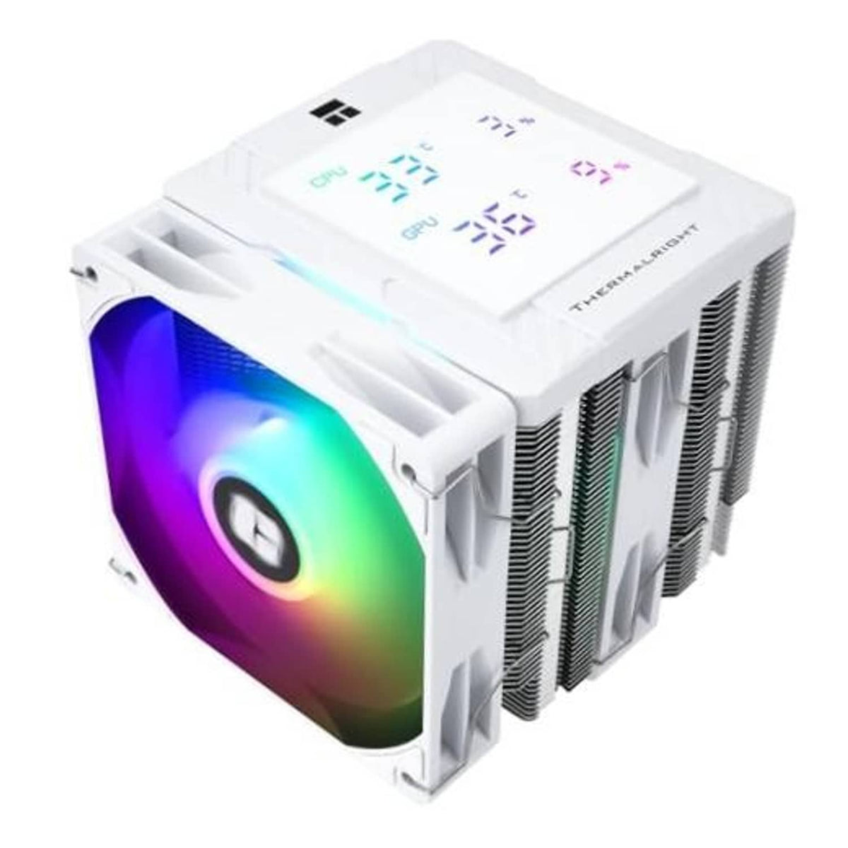 White dual-tower CPU cooler with ARGB fan and top digital display