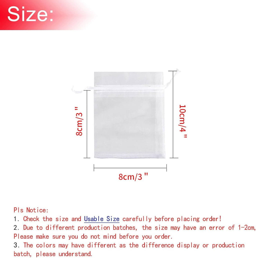 White organza drawstring pouch, size diagram with 8x4cm measurements