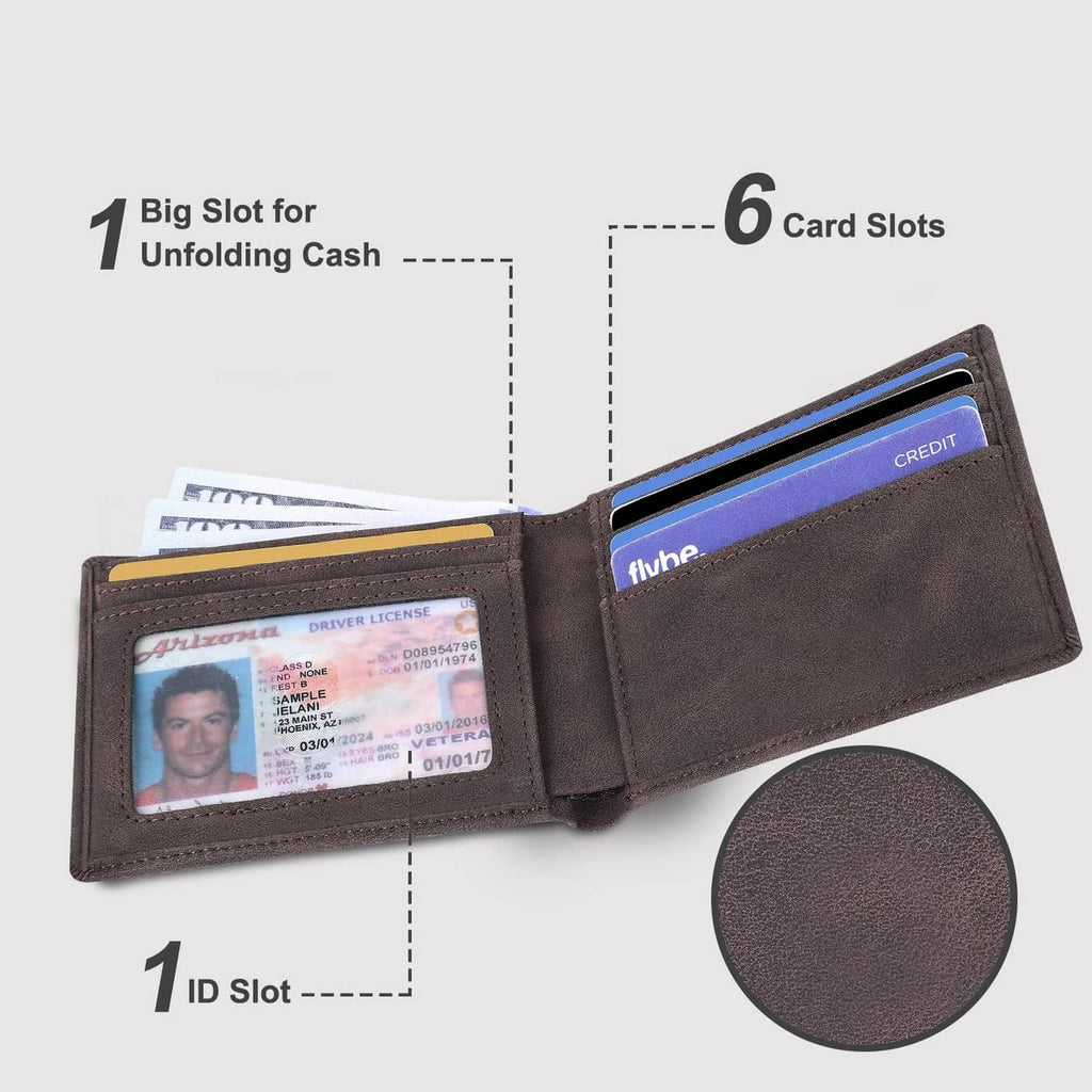 Coffee brown bi-fold wallet open with ID slot, card slots, and cash compartment