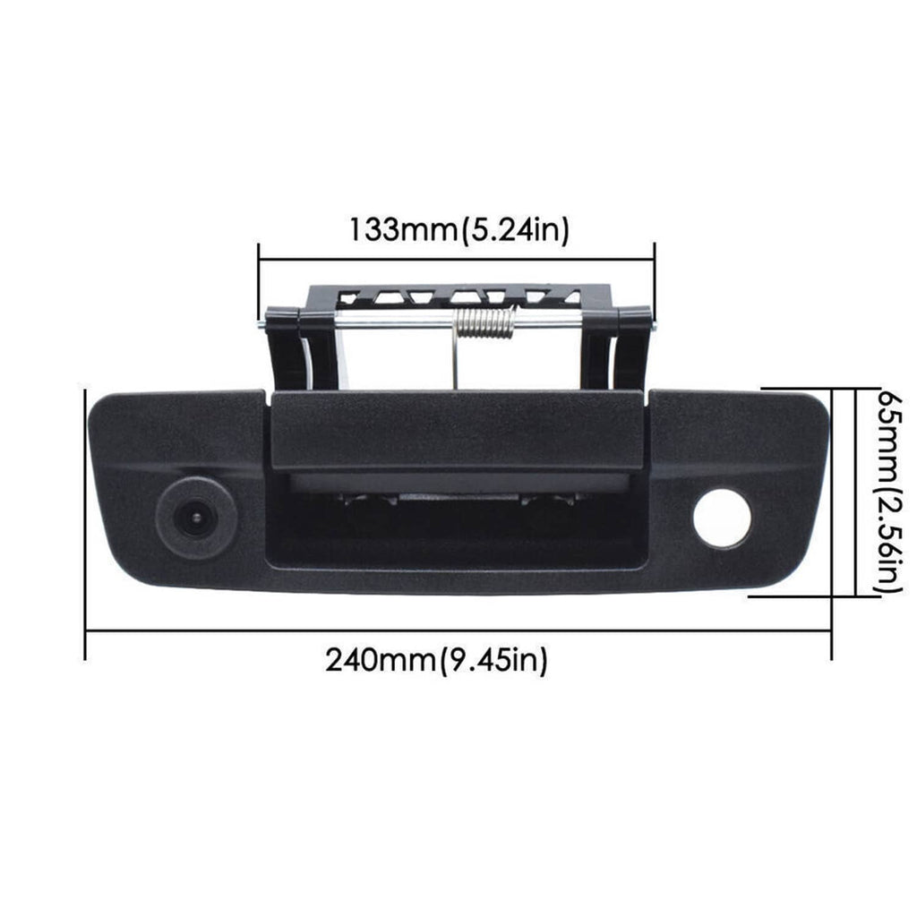 Backup camera tailgate handle with built-in camera and metal mounting hardware